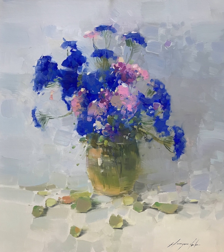 Vase of Blue Flowers, Original oil Painting, Handmade artwork, One of a Kind           
